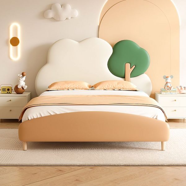 "Sepia Modish Natural Wood Standard Children Bed with Artificial Leather Upholstery, Mattress & Headboard for Gender Neutral"