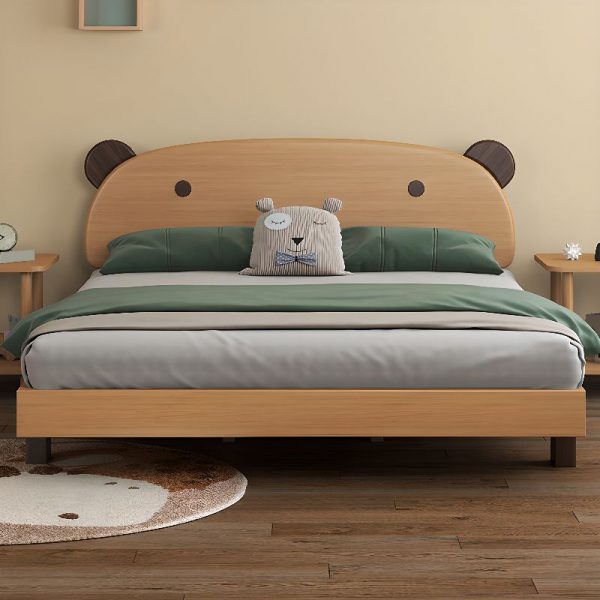 "Wood Grain Simple Natural Wood Standard Kids Bed with Cotton Upholstery and Spring Mattress, Gender Neutral with Headboard"