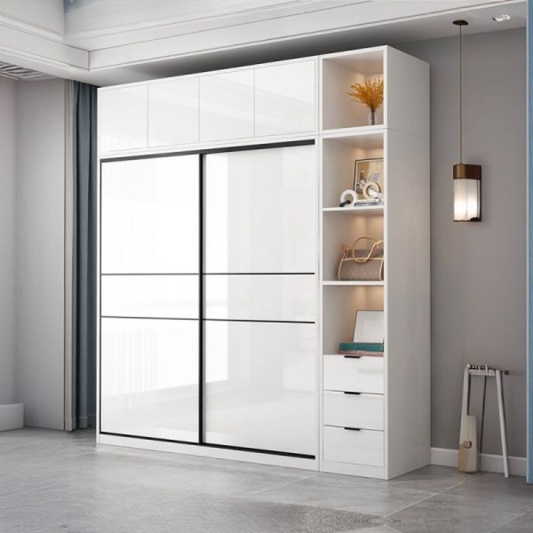 "White Lumber Children's Wardrobe with Shelf, Drawer, Clothing Rod, and Door"