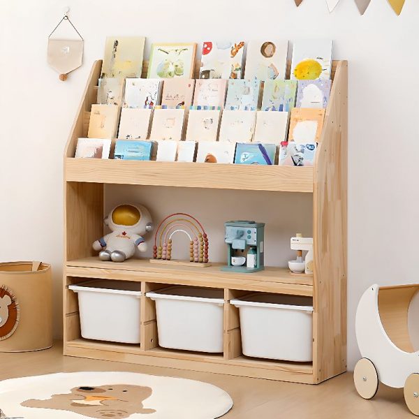 "Unfinished Color Simplistic Standard Children's Bookshelf with 2/3/4 Shelves, Horizontal Orientation, Open Back, Pine Wood, 3/4/6 Bins"