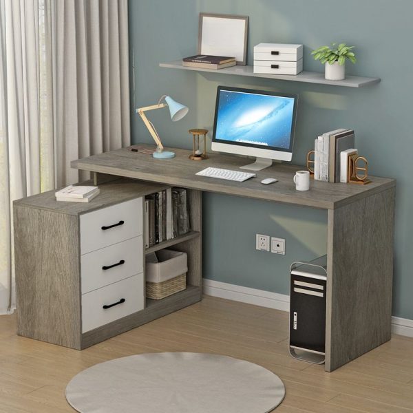 "Timber Dove Grey/Chalk/Natural Finish Children Computer Desk with Storage Receptacle, Shelf, Drawer, and 1 Cabinet Corner Desk"